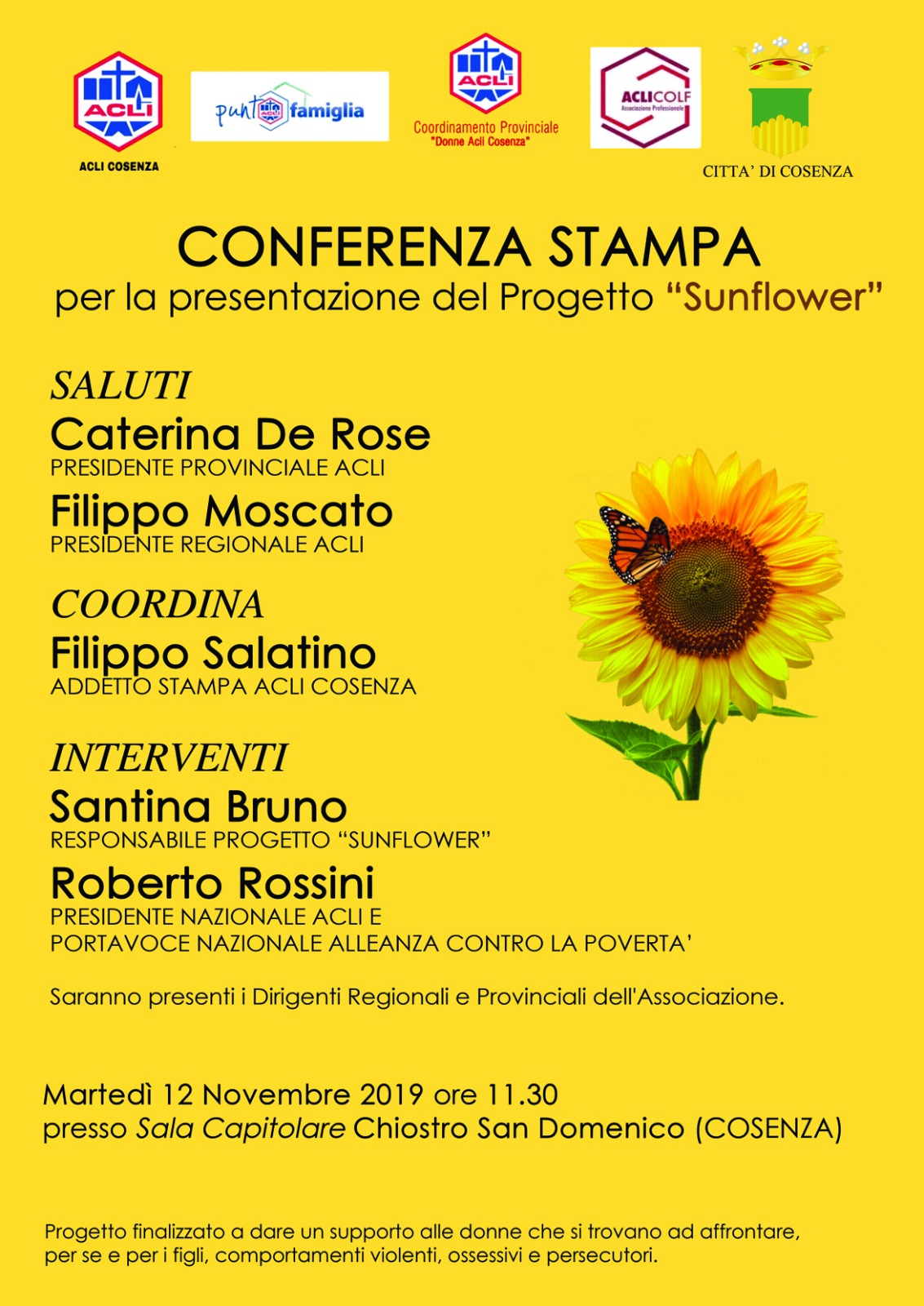 Sunflower Cosenza, Chiostro S. Domenico, 12 novembre presentazione del "centro antiviolenza"